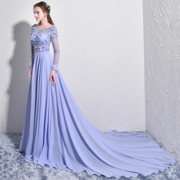 Élégant Lavande Robe De Soirée 2017 Princesse Encolure Dégagée Manches Longues Appliques Fleur Perle Chapel Train Dos Nu Percé Robe De Ceremonie