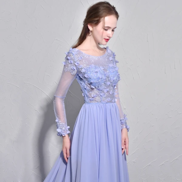 Élégant Lavande Robe De Soirée 2017 Princesse Encolure Dégagée Manches Longues Appliques Fleur Perle Chapel Train Dos Nu Percé Robe De Ceremonie