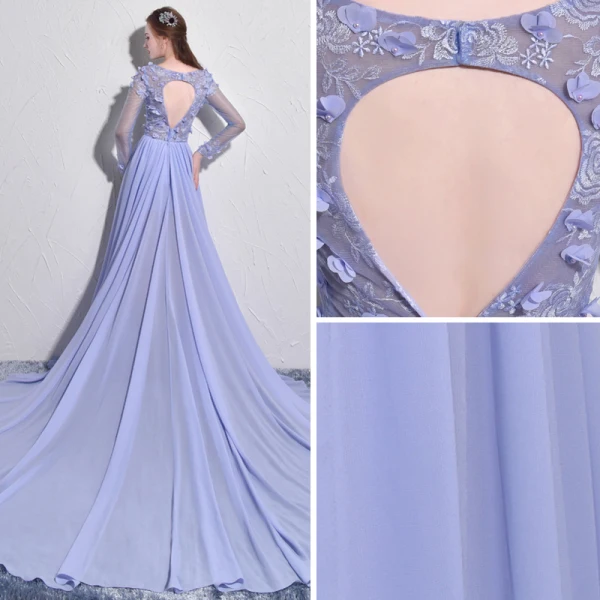 Élégant Lavande Robe De Soirée 2017 Princesse Encolure Dégagée Manches Longues Appliques Fleur Perle Chapel Train Dos Nu Percé Robe De Ceremonie