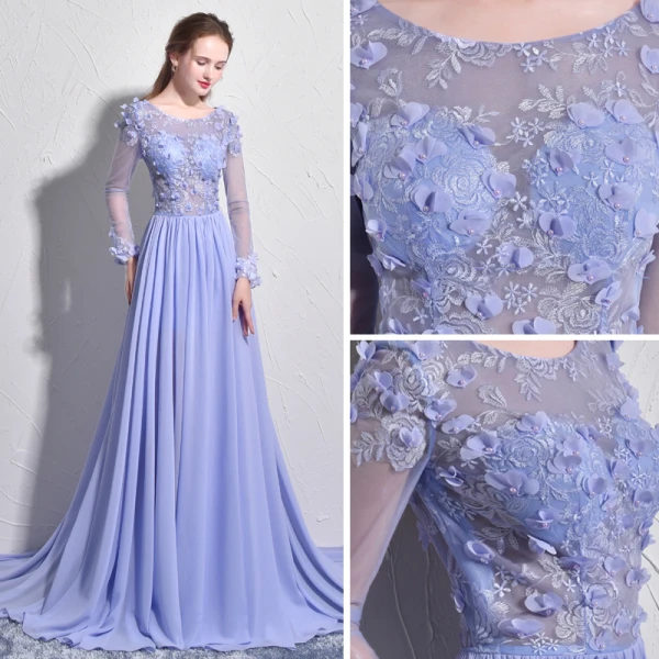 Élégant Lavande Robe De Soirée 2017 Princesse Encolure Dégagée Manches Longues Appliques Fleur Perle Chapel Train Dos Nu Percé Robe De Ceremonie