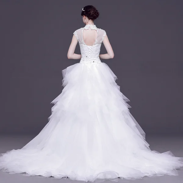 Chinese style White Pierced Wedding Dresses 2017 Ball Gown High Neck Sleeveless Backless Appliques Lace Rhinestone Detachable Court Train