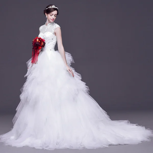Chinese style White Pierced Wedding Dresses 2017 Ball Gown High Neck Sleeveless Backless Appliques Lace Rhinestone Detachable Court Train