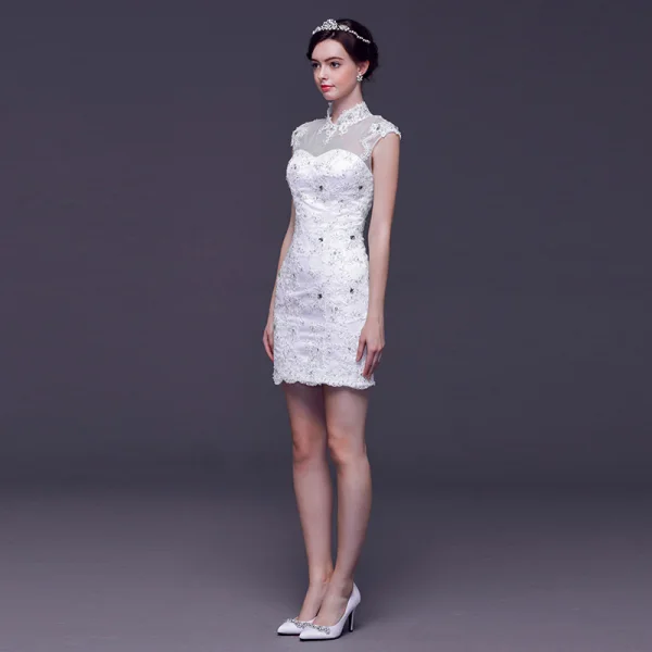 Chinese style White Pierced Wedding Dresses 2017 Ball Gown High Neck Sleeveless Backless Appliques Lace Rhinestone Detachable Court Train