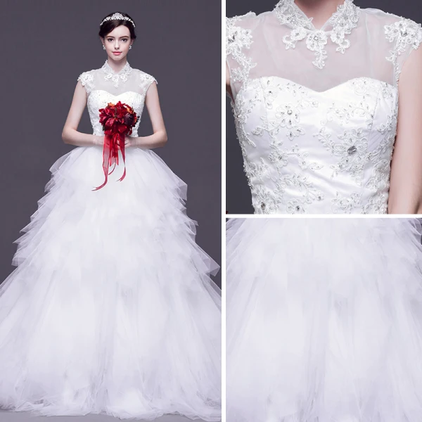 Chinese style White Pierced Wedding Dresses 2017 Ball Gown High Neck Sleeveless Backless Appliques Lace Rhinestone Detachable Court Train