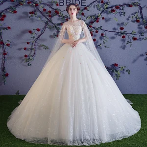 Colored Ivory See Through Wedding Dresses 2018 Ball Gown Scoop Neck Sleeveless Appliques Flower Beading Pearl Glitter Tulle Ruffle Watteau Train