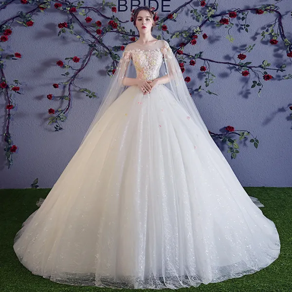 Colored Ivory See through Wedding Dresses 2018 Ball Gown Scoop Neck Sleeveless Appliques