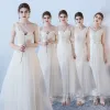 Affordable Champagne Bridesmaid Dresses 2018 A-Line / Princess Bow Sash Ankle Length Ruffle Backless Wedding Party Dresses