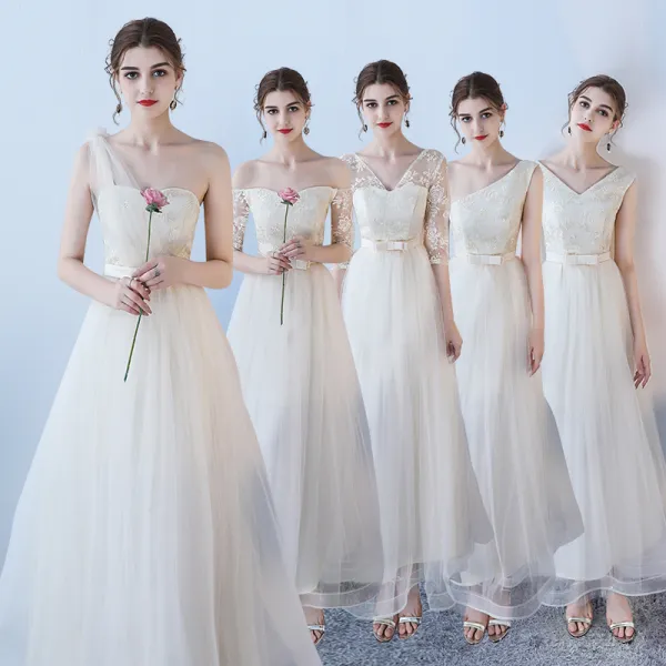 Affordable Champagne Bridesmaid Dresses 2018 A-Line / Princess Bow Sash Ankle Length Ruffle Backless Wedding Party Dresses