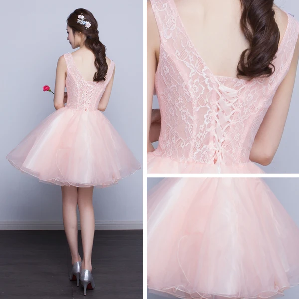 Chic / Beautiful Affordable Party Dresses Graduation Dresses 2017 Lace Flower Appliques Backless Pearl V-Neck Short Ball Gown