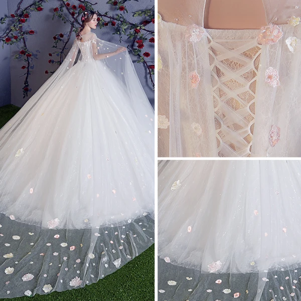 Coloré Ivoire Transparentes Robe De Mariée 2018 Robe Boule Encolure Dégagée Sans Manches Appliques Fleur Perlage Perle Glitter Tulle Volants Watteau Train