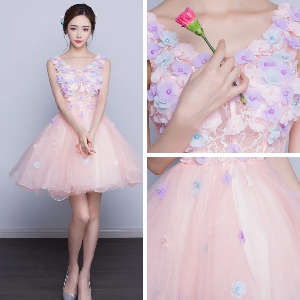 Chic / Beautiful Affordable Party Dresses Graduation Dresses 2017 Lace Flower Appliques Backless Pearl V-Neck Short Ball Gown