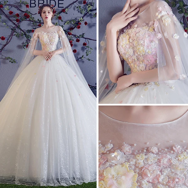 Coloré Ivoire Transparentes Robe De Mariée 2018 Robe Boule Encolure Dégagée Sans Manches Appliques Fleur Perlage Perle Glitter Tulle Volants Watteau Train