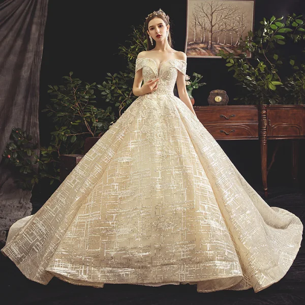 Bling Bling Champagne Wedding Dresses 2019 Ball Gown Off-The-Shoulder Short Sleeve Backless Appliques Lace Beading Pearl Sequins Glitter Tulle Chapel Train Ruffle