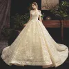 Bling Bling Champagne Wedding Dresses 2019 Ball Gown Off-The-Shoulder Short Sleeve Backless Appliques Lace Beading Pearl Sequins Glitter Tulle Chapel Train Ruffle