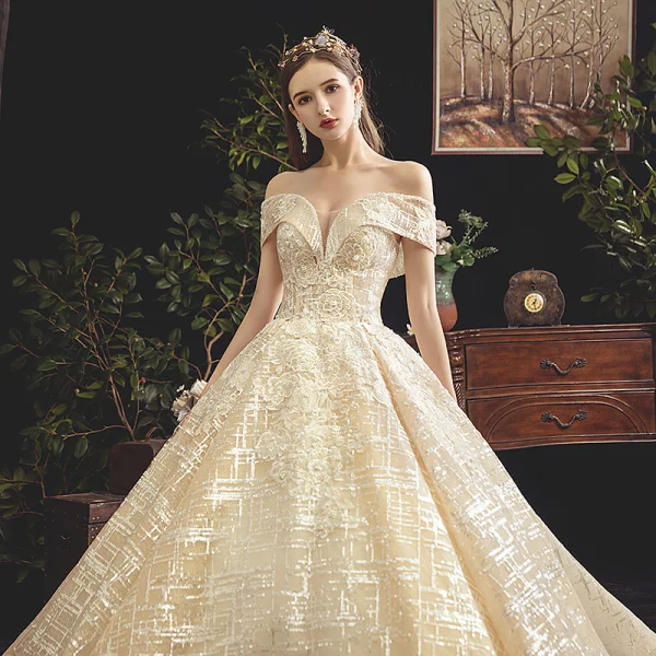 Bling Bling Champagne Wedding Dresses 2019 Ball Gown Off-The-Shoulder Short Sleeve Backless Appliques Lace Beading Pearl Sequins Glitter Tulle Chapel Train Ruffle