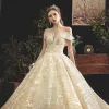 Bling Bling Champagne Wedding Dresses 2019 Ball Gown Off-The-Shoulder Short Sleeve Backless Appliques Lace Beading Pearl Sequins Glitter Tulle Chapel Train Ruffle
