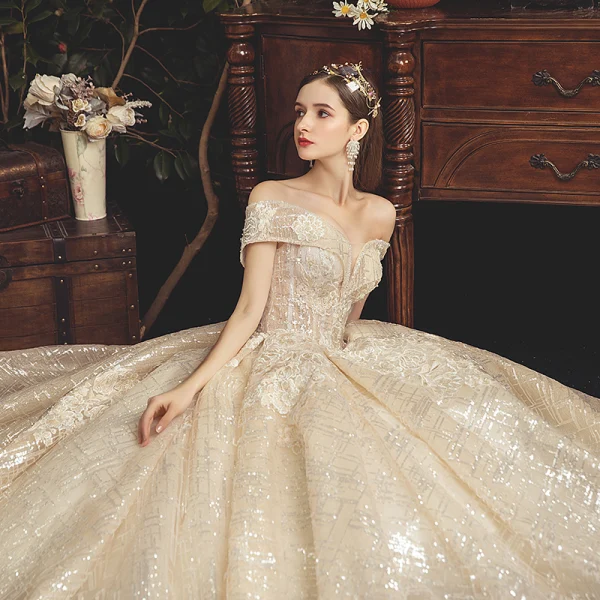 Bling Bling Champagne Wedding Dresses 2019 Ball Gown Off-The-Shoulder Short Sleeve Backless Appliques Lace Beading Pearl Sequins Glitter Tulle Chapel Train Ruffle