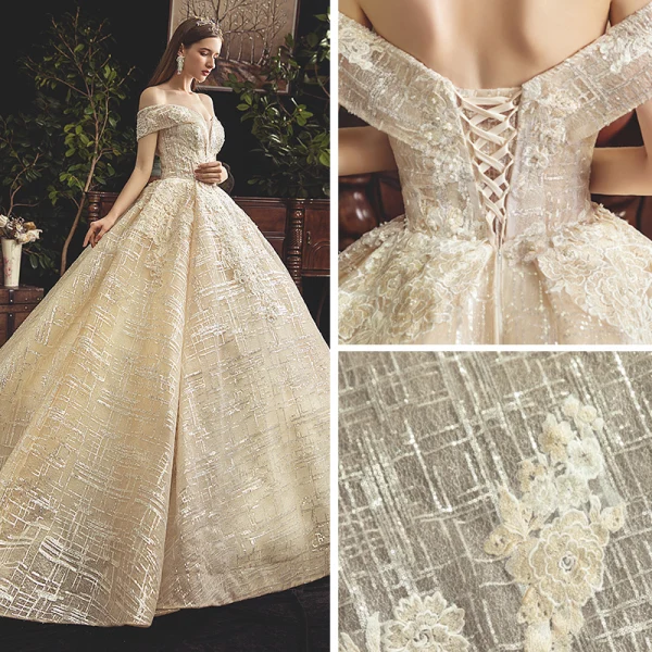 Bling Bling Champagne Wedding Dresses 2019 Ball Gown Off-The-Shoulder Short Sleeve Backless Appliques Lace Beading Pearl Sequins Glitter Tulle Chapel Train Ruffle