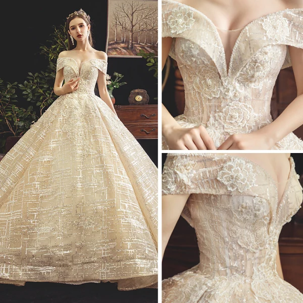 Bling Bling Champagne Wedding Dresses 2019 Ball Gown Off-The-Shoulder Short Sleeve Backless Appliques Lace Beading Pearl Sequins Glitter Tulle Chapel Train Ruffle