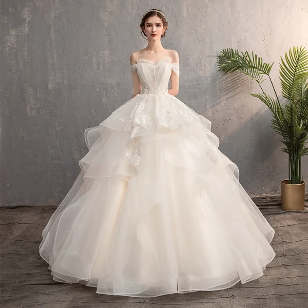 Affordable Champagne Outdoor / Garden Wedding Dresses 2019 A-Line / Princess Off-The-Shoulder Short Sleeve Backless Appliques Lace Beading Pearl Floor-Length / Long Ruffle