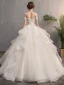 Affordable Champagne Outdoor / Garden Wedding Dresses 2019 A-Line / Princess Off-The-Shoulder Short Sleeve Backless Appliques Lace Beading Pearl Floor-Length / Long Ruffle