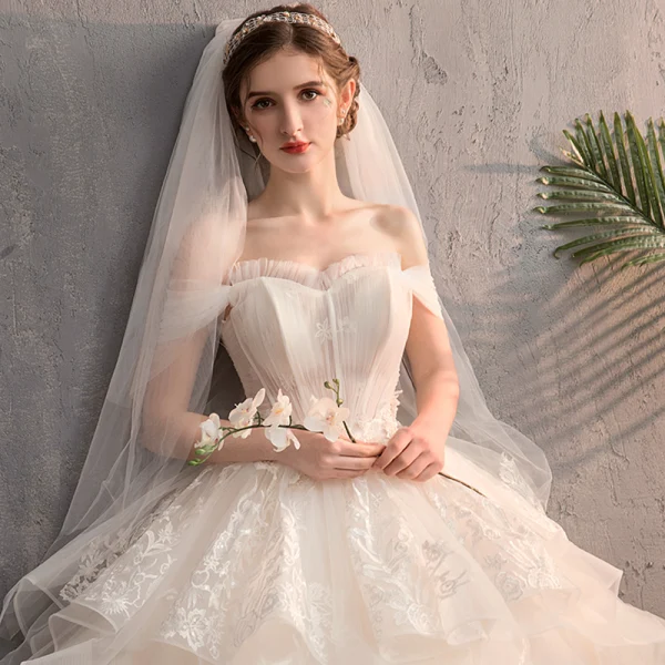 Affordable Champagne Outdoor / Garden Wedding Dresses 2019 A-Line / Princess Off-The-Shoulder Short Sleeve Backless Appliques Lace Beading Pearl Floor-Length / Long Ruffle