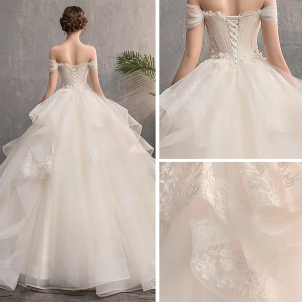 Affordable Champagne Outdoor / Garden Wedding Dresses 2019 A-Line / Princess Off-The-Shoulder Short Sleeve Backless Appliques Lace Beading Pearl Floor-Length / Long Ruffle
