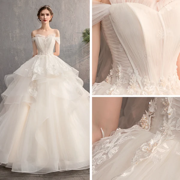 Affordable Champagne Outdoor / Garden Wedding Dresses 2019 A-Line / Princess Off-The-Shoulder Short Sleeve Backless Appliques Lace Beading Pearl Floor-Length / Long Ruffle