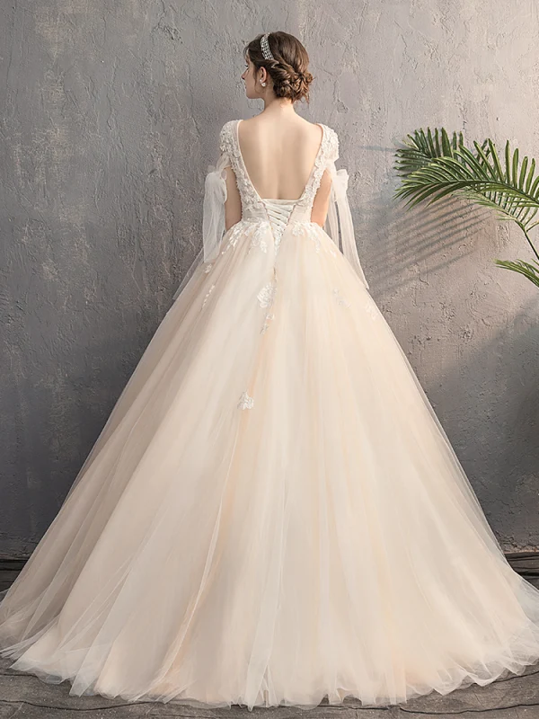 Chic / Beautiful Champagne Outdoor / Garden Wedding Dresses 2019 A-Line / Princess Deep V-Neck Short Sleeve Backless Appliques Lace Beading Sequins Sweep Train Ruffle