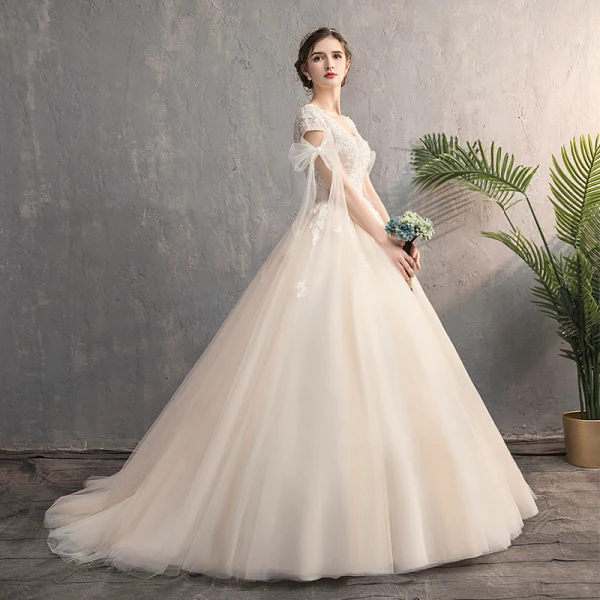Chic / Beautiful Champagne Outdoor / Garden Wedding Dresses 2019 A-Line / Princess Deep V-Neck Short Sleeve Backless Appliques Lace Beading Sequins Sweep Train Ruffle