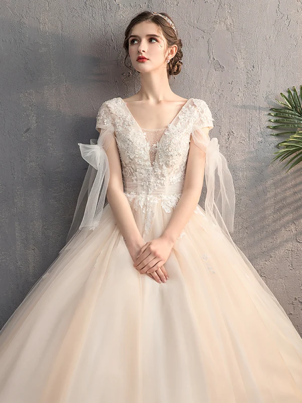 Chic / Beautiful Champagne Outdoor / Garden Wedding Dresses 2019 A-Line / Princess Deep V-Neck Short Sleeve Backless Appliques Lace Beading Sequins Sweep Train Ruffle