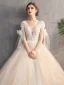 Chic / Beautiful Champagne Outdoor / Garden Wedding Dresses 2019 A-Line / Princess Deep V-Neck Short Sleeve Backless Appliques Lace Beading Sequins Sweep Train Ruffle