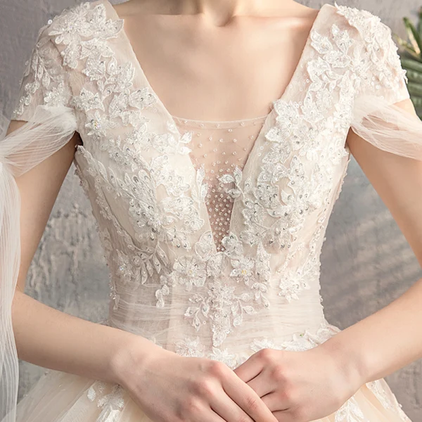 Chic / Beautiful Champagne Outdoor / Garden Wedding Dresses 2019 A-Line / Princess Deep V-Neck Short Sleeve Backless Appliques Lace Beading Sequins Sweep Train Ruffle