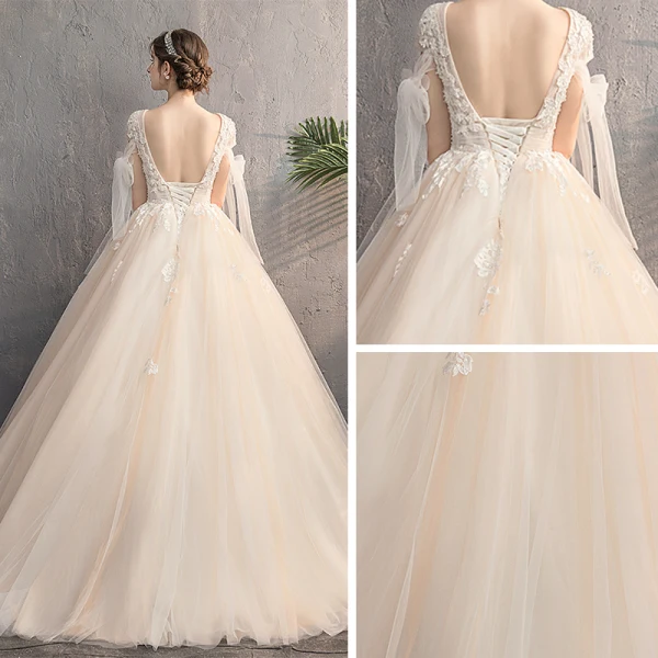 Chic / Beautiful Champagne Outdoor / Garden Wedding Dresses 2019 A-Line / Princess Deep V-Neck Short Sleeve Backless Appliques Lace Beading Sequins Sweep Train Ruffle