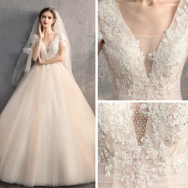Chic / Beautiful Champagne Outdoor / Garden Wedding Dresses 2019 A-Line / Princess Deep V-Neck Short Sleeve Backless Appliques Lace Beading Sequins Sweep Train Ruffle
