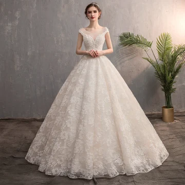 Meilleur Champagne Robe De Mariée 2019 Princesse Transparentes V Cou Sans Manches Dos Nu Appliques En Dentelle Perlage Perle Train De Balayage Volants