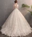 Best Champagne Wedding Dresses 2019 A-Line / Princess See-through V-Neck Sleeveless Backless Appliques Lace Beading Pearl Sweep Train Ruffle