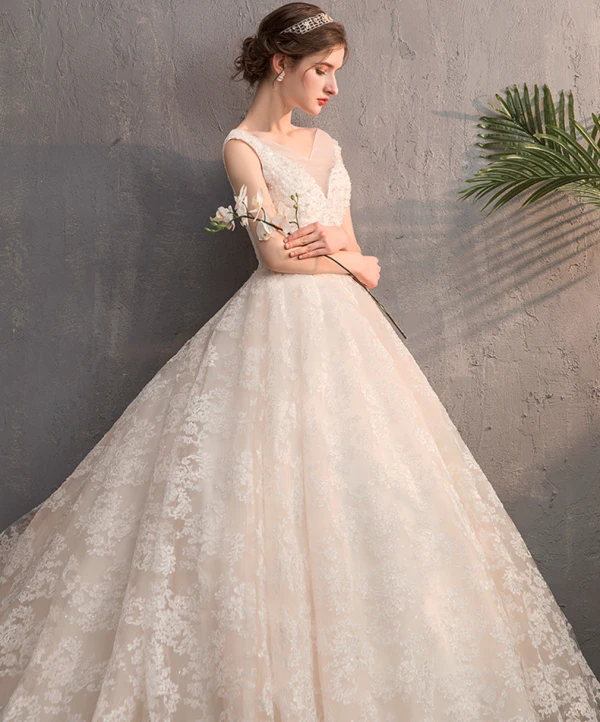 Best Champagne Wedding Dresses 2019 A-Line / Princess See-through V-Neck Sleeveless Backless Appliques Lace Beading Pearl Sweep Train Ruffle