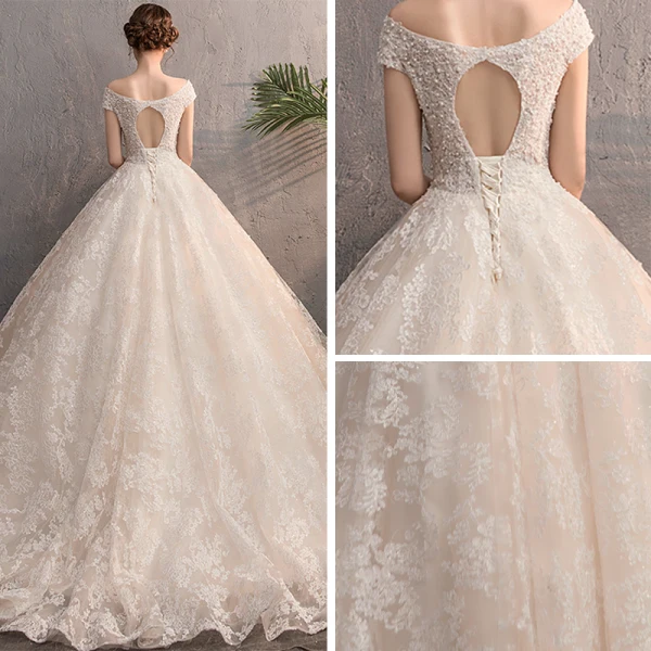 Best Champagne Wedding Dresses 2019 A-Line / Princess See-through V-Neck Sleeveless Backless Appliques Lace Beading Pearl Sweep Train Ruffle