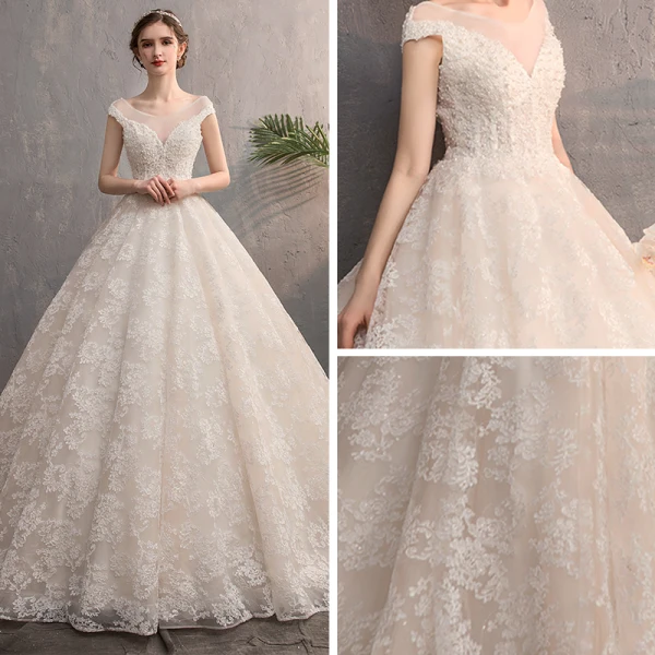 Best Champagne Wedding Dresses 2019 A-Line / Princess See-through V-Neck Sleeveless Backless Appliques Lace Beading Pearl Sweep Train Ruffle