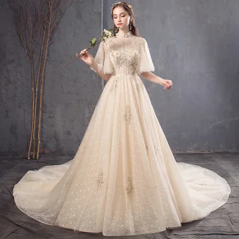 Vintage Originale Champagne Robe De Mariée 2019 Princesse Col Haut Manches De Cloche Dos Nu Appliques En Dentelle Perlage Perle Paillettes Chapel Train Volants