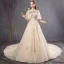 Vintage / Retro Champagne Wedding Dresses 2019 A-Line / Princess High Neck Bell sleeves Backless Appliques Lace Beading Pearl Sequins Chapel Train Ruffle