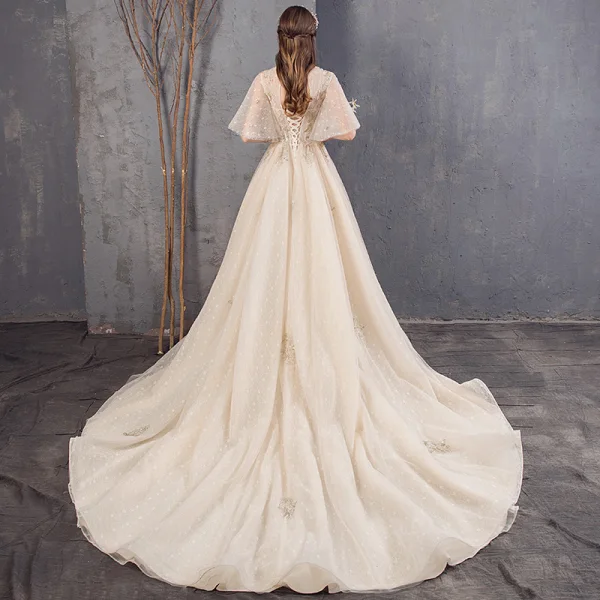 Vintage / Retro Champagne Wedding Dresses 2019 A-Line / Princess High Neck Bell sleeves Backless Appliques Lace Beading Pearl Sequins Chapel Train Ruffle