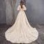 Vintage / Retro Champagne Wedding Dresses 2019 A-Line / Princess High Neck Bell sleeves Backless Appliques Lace Beading Pearl Sequins Chapel Train Ruffle