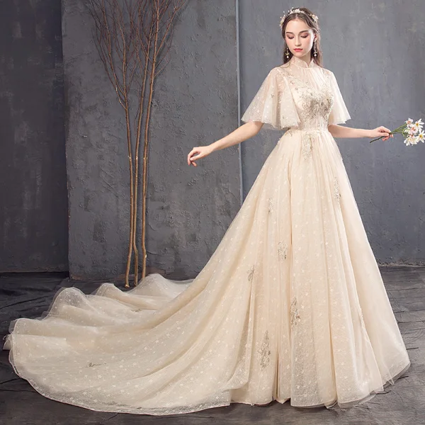 Vintage / Retro Champagne Wedding Dresses 2019 A-Line / Princess High Neck Bell sleeves Backless Appliques Lace Beading Pearl Sequins Chapel Train Ruffle
