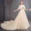 Vintage / Retro Champagne Wedding Dresses 2019 A-Line / Princess High Neck Bell sleeves Backless Appliques Lace Beading Pearl Sequins Chapel Train Ruffle