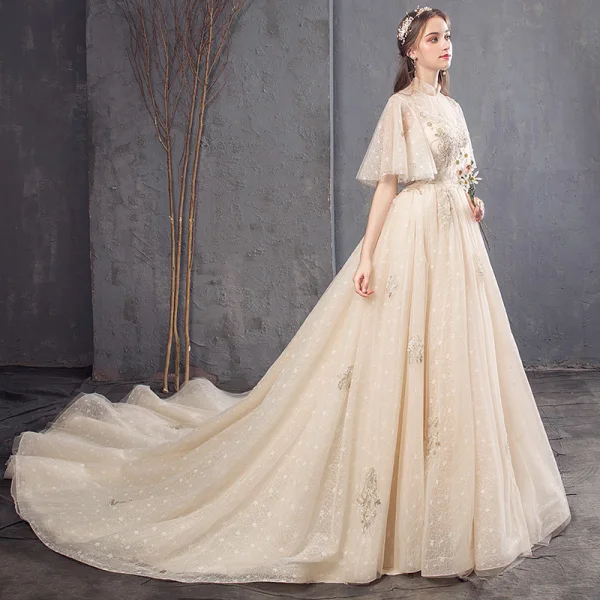 Vintage / Retro Champagne Wedding Dresses 2019 A-Line / Princess High Neck Bell sleeves Backless Appliques Lace Beading Pearl Sequins Chapel Train Ruffle