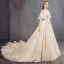 Vintage / Retro Champagne Wedding Dresses 2019 A-Line / Princess High Neck Bell sleeves Backless Appliques Lace Beading Pearl Sequins Chapel Train Ruffle