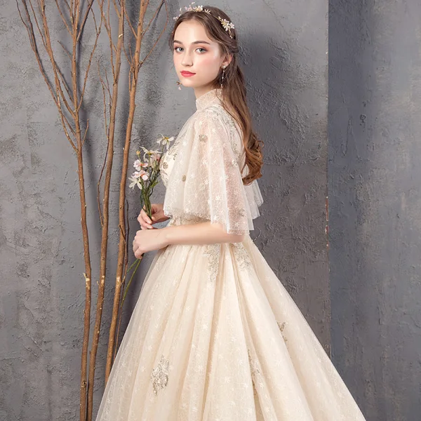Vintage / Retro Champagne Wedding Dresses 2019 A-Line / Princess High Neck Bell sleeves Backless Appliques Lace Beading Pearl Sequins Chapel Train Ruffle