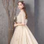 Vintage / Retro Champagne Wedding Dresses 2019 A-Line / Princess High Neck Bell sleeves Backless Appliques Lace Beading Pearl Sequins Chapel Train Ruffle